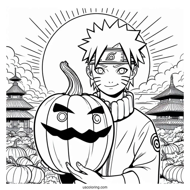 Naruto Coloring Page Of Gaara with Gourd in Front of Sun and Temples