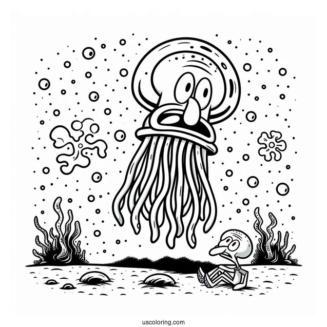 Jellyfish Scaring Squidward Coloring Page