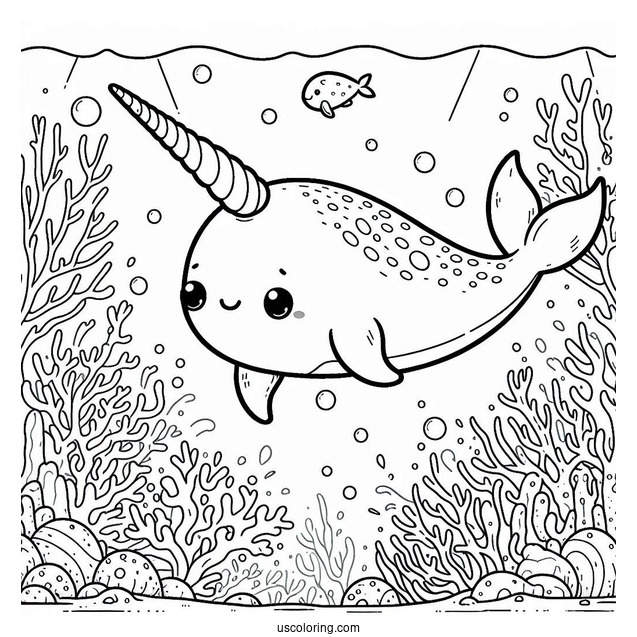Cute Narwhal Coloring Page Swimming In A Coral Reef For Kids