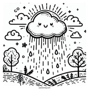 Rain Coloring Page Falling From Happy Cloud