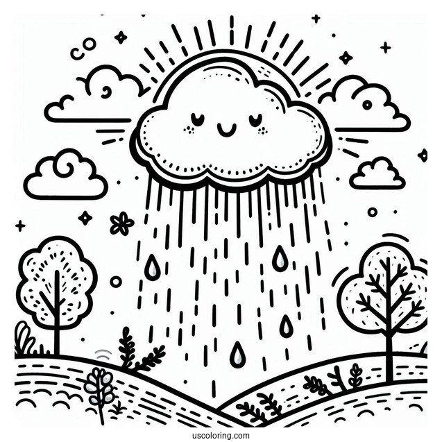 Rain Coloring Page Falling From Happy Cloud