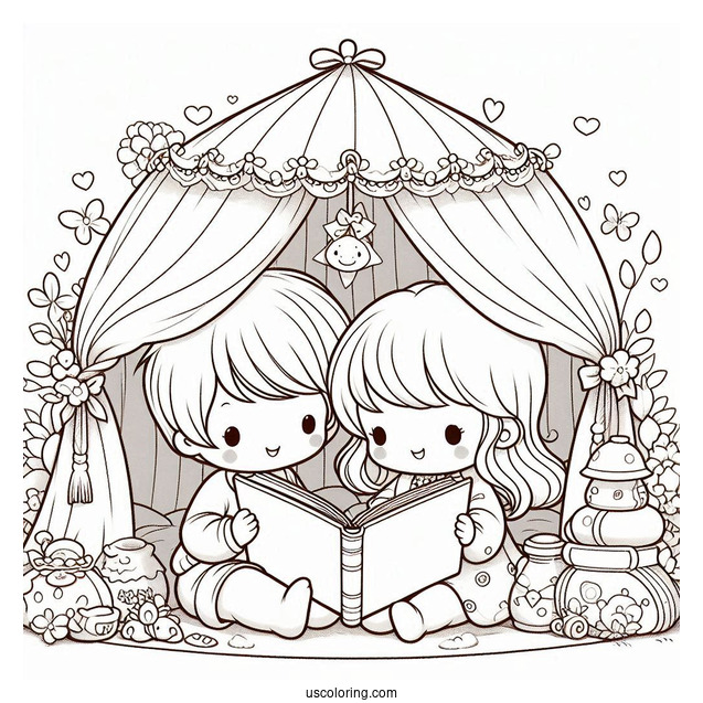 Precious Moments Coloring Page Of Girl And Boy Reading Inside Tent