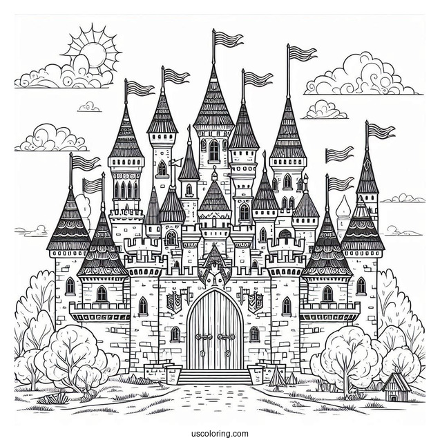 Fantasy Castle Coloring Page With Flags And Numerous Towers
