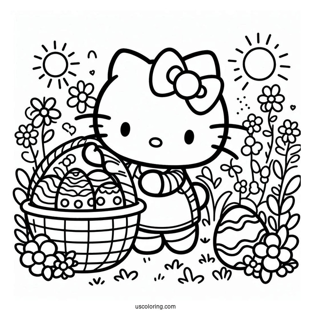 Hello Kitty Collecting Eggs Easter Coloring Page For Kids