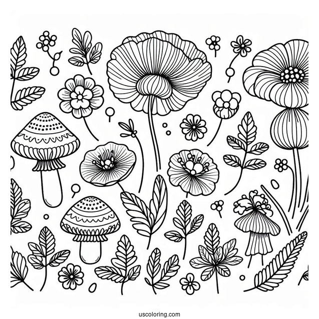 Flowers And Mushrooms Pattern Coloring Page