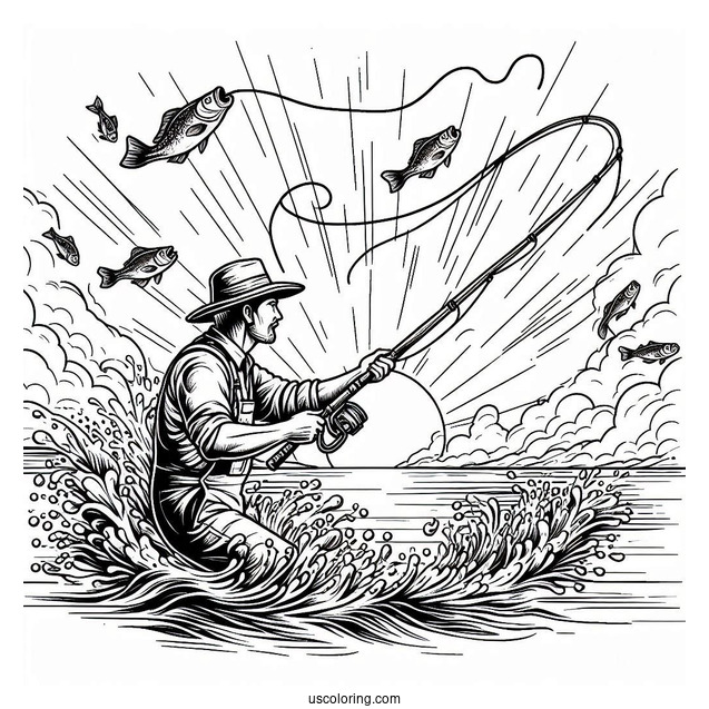 Fishing Coloring Page Of Man Catching Massive