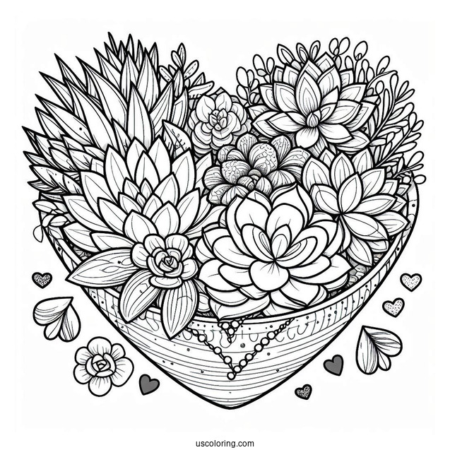 Various Succulent Coloring Page In A Heart Shaped Container