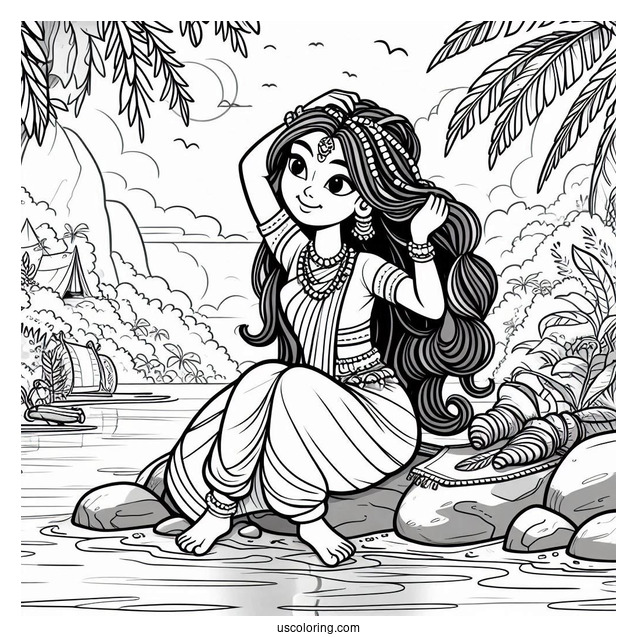 Jungle Book Coloring Page Of Shanti Fixing Her Hair While Sitting On Rock
