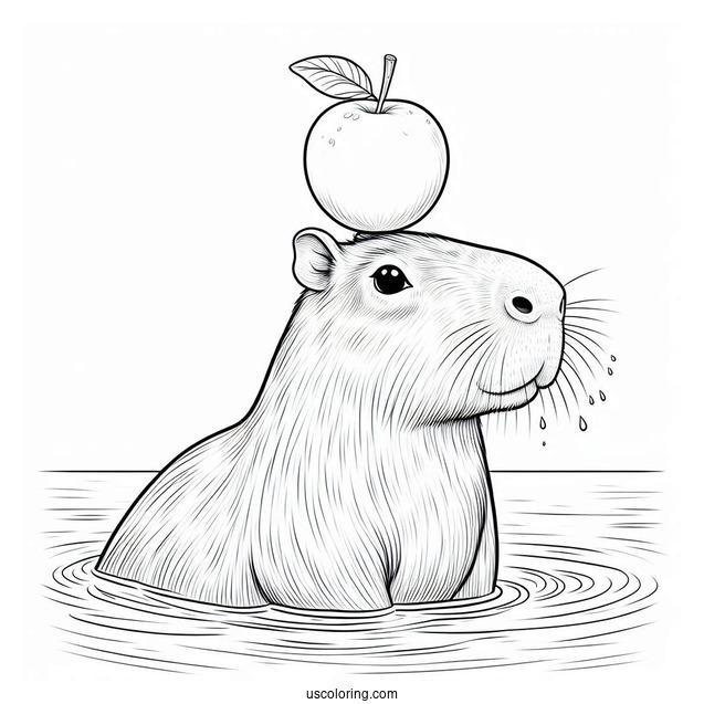 Capybara Coloring Page In The Water Balancing A Fruit On Its Head