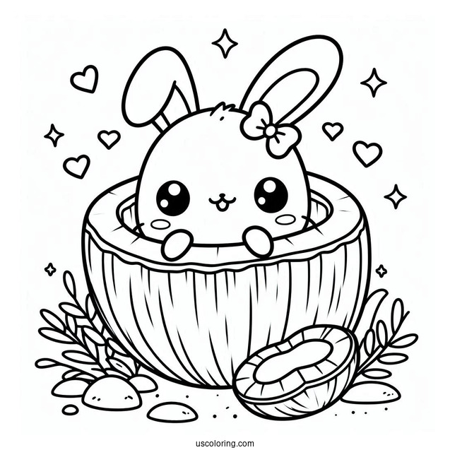 Kawaii Bunny Inside A Coconut Coloring Page For Kids
