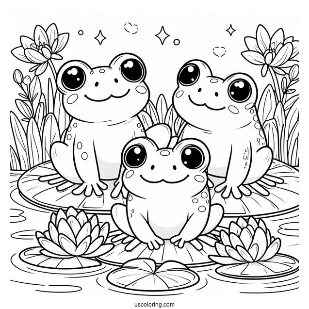 Frogs Sitting On Lily Pads In A Pond Coloring Sheet