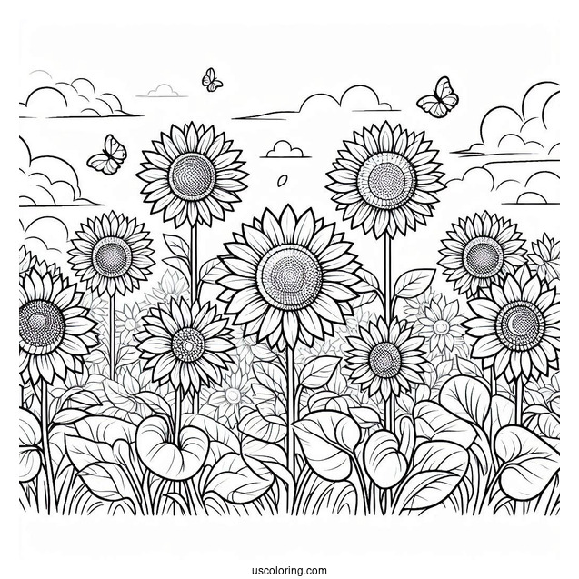 Field Of Sunflowers Coloring Page