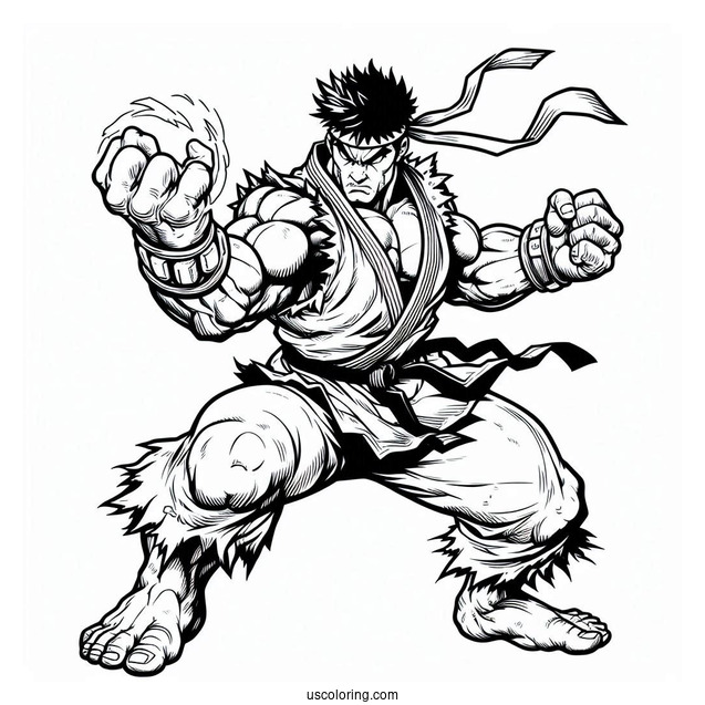 Street Fighter Coloring Page Of Powerful Ryu In Battle