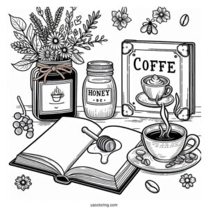 Coffee Coloring Pages Of Cup Next To Honey Jar, Signage, And Open Book