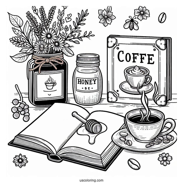 Coffee Coloring Pages Of Cup Next To Honey Jar, Signage, And Open Book