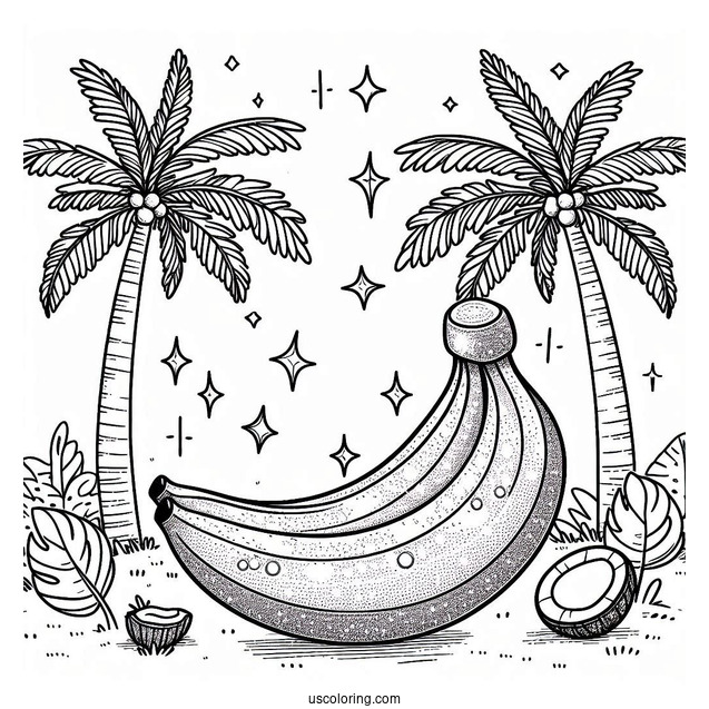 Sparkling Banana Coloring Page With Coconut Trees In The Background