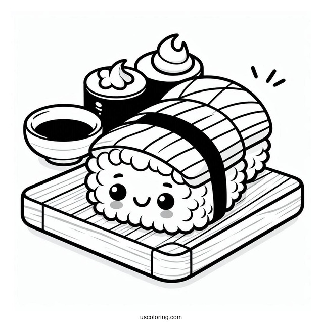 Sushi Coloring Pages Smiling Nigiri With Soy Sauce And Wasabi On A Board For Kids