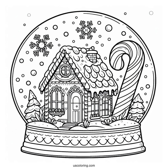 Fancy Gingerbread House With Candy Cane Snow Globe Coloring Page