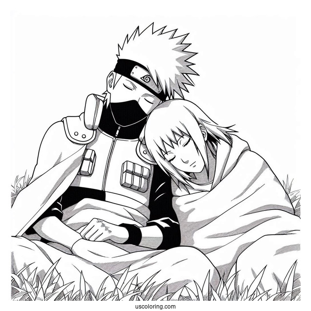 Rin Nohara Sleeping Next To Hatake Kakashi Coloring Page On The Grass