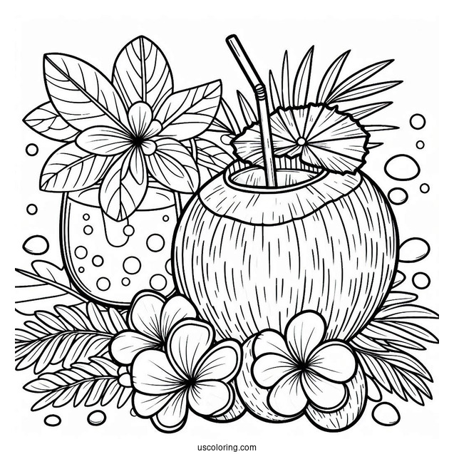 Summer Coloring Page Of Easy Coconut Drink With A Flower For Kids
