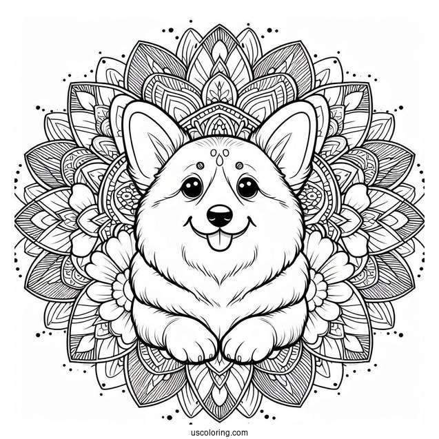 Coloring Page Of Corgi Inside Flower Mandala