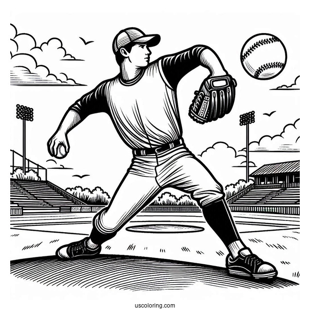 Baseball Coloring Page Of Player Warming Up to Pitch
