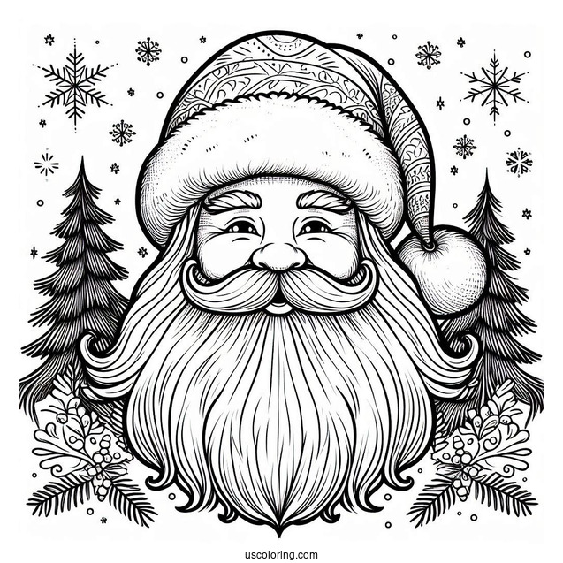 Santa Face With Big Beard And Hat To Color