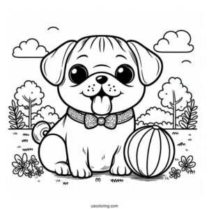 Cute Pug Coloring Page and Ball in the Park For Kids