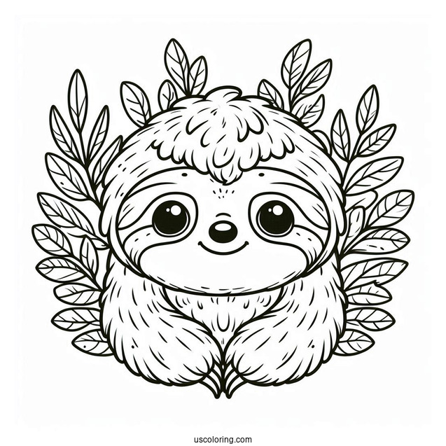 Adorable Sloth With Leaves Coloring