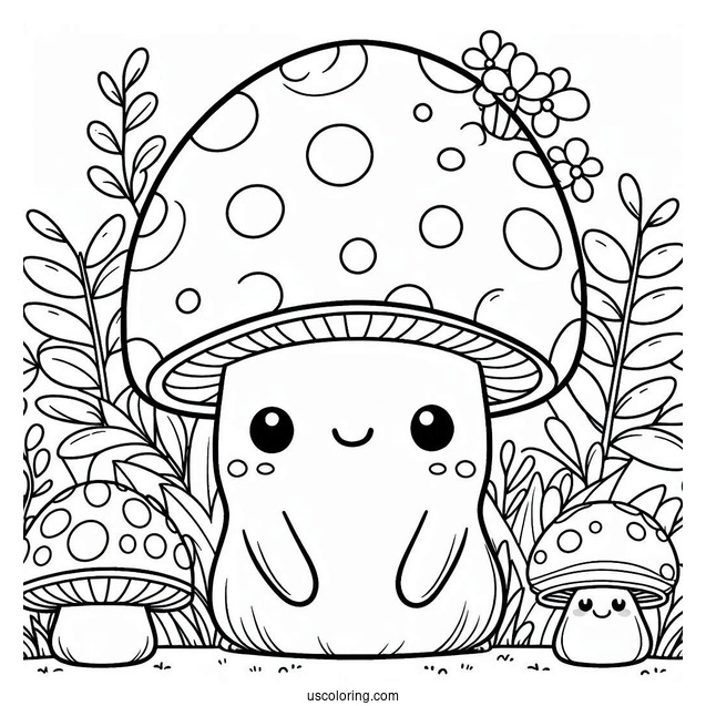 Big And Small Cartoon Mushroom Coloring Page In The Garden For Kids
