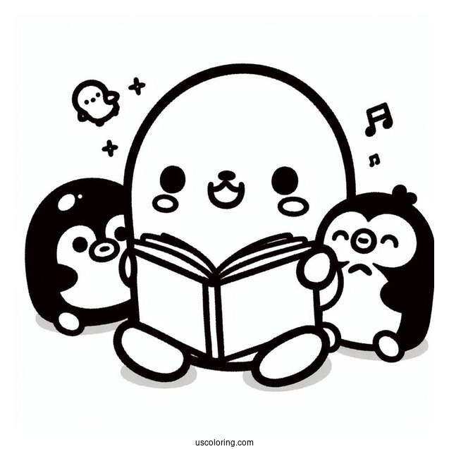 Sumikko Gurashi Coloring Page Of Tonkatsu, Penguin, Niko, And Polari Reading With Minnikos