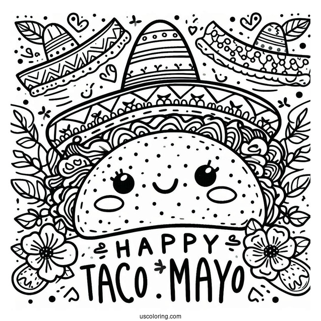 Taco With Happy Cinco De Mayo Greeting Coloring Sheet