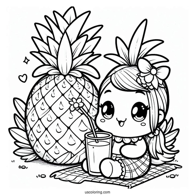 Smiling Pineapple Coloring Page Holding Milk Tea For Kids