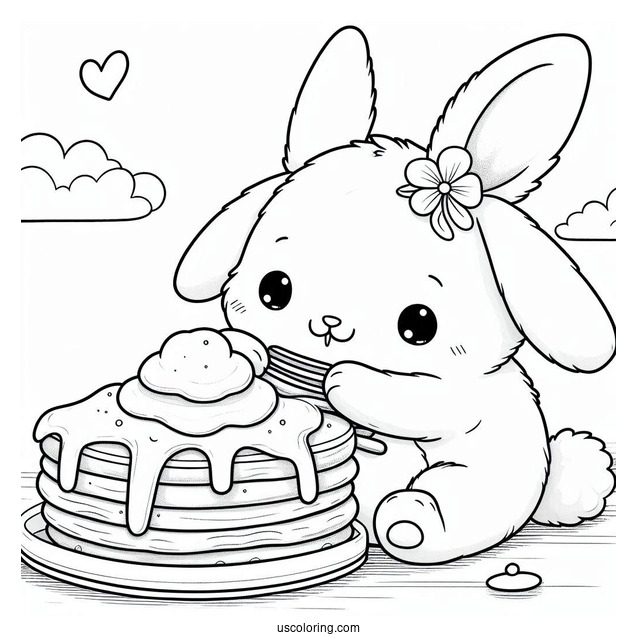 Simple Bunny Eating Fluffy Pancake Coloring Page For Preschoolers