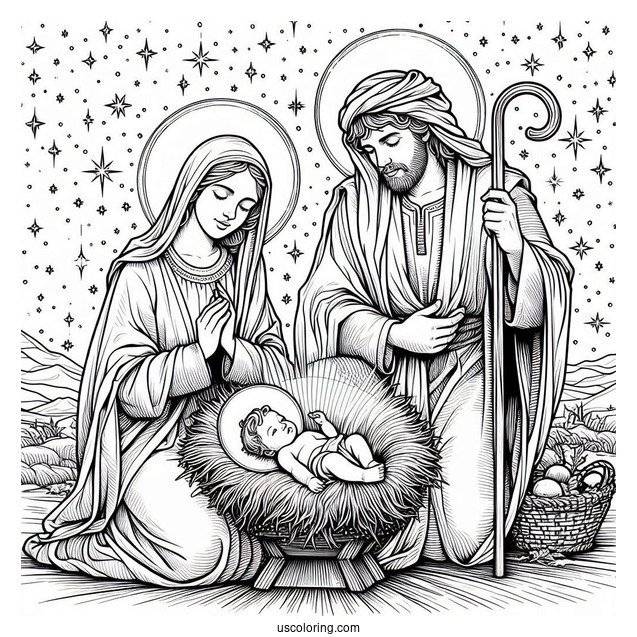 Nativity Coloring Page Of Realistic Mary, Joseph, And Baby Jesus With Starry Background