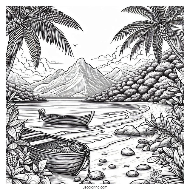 Realistic Beach Coloring Page With Mountain View