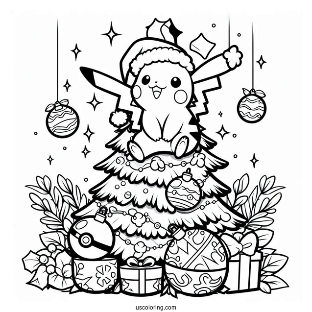 Pokemon Christmas Coloring Page Pikachu On Top Of A Christmas Tree With Pokemon Ornaments