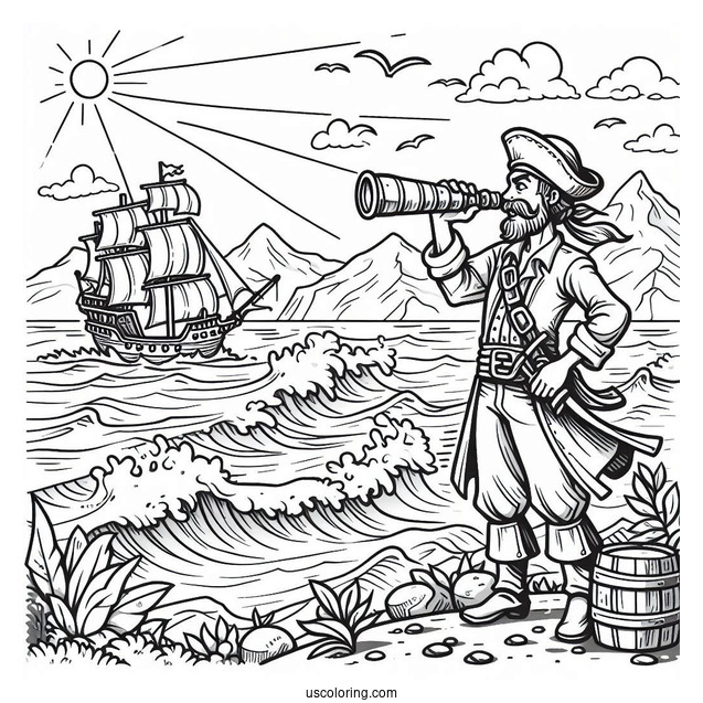 Pirate Coloring Page Surveying An island