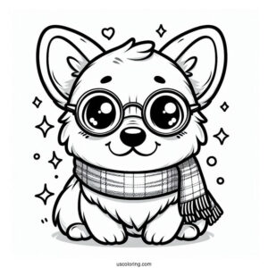 Cute Corgi Coloring Page With Scarf And Eyeglasses For Preschoolers