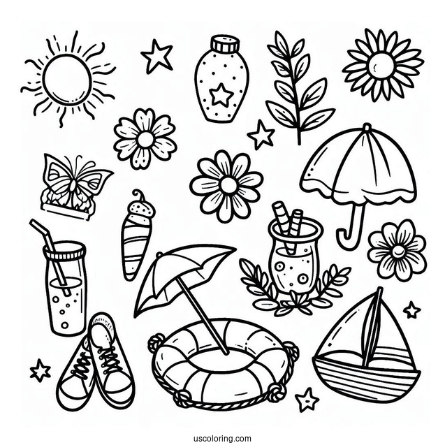 Full Page Summer Coloring Page Of Elements