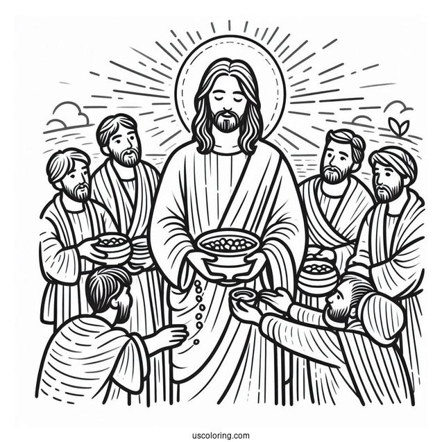 Jesus Coloring Page Distributing Food To His Followers