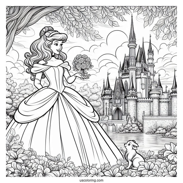 Belle And Cinderella In The Castle Garden Coloring Page