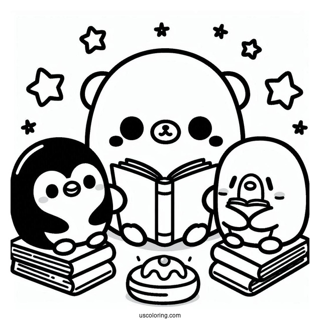 Sumikko Gurashi Coloring Page Of Tonkatsu, Penguin, Niko, And Polari Reading With Minnikos
