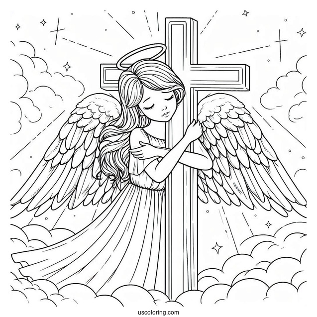 Adorable Angel Hugging A Cross In The Sky Coloring Sheet For Kids