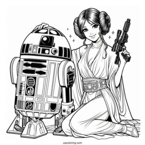 Princess Leia Holding Blaster And R2-D2 Coloring Page