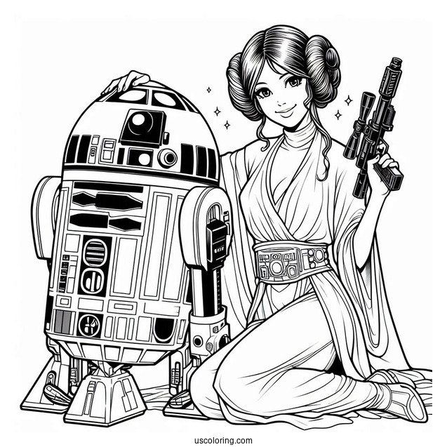 Princess Leia Holding Blaster And R2-D2 Coloring Page
