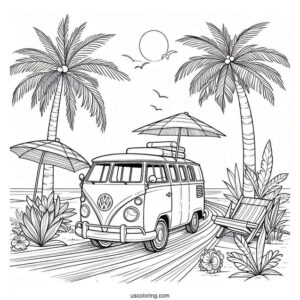 Volkswagen Van Next To A Palm Tree Summer Coloring Page