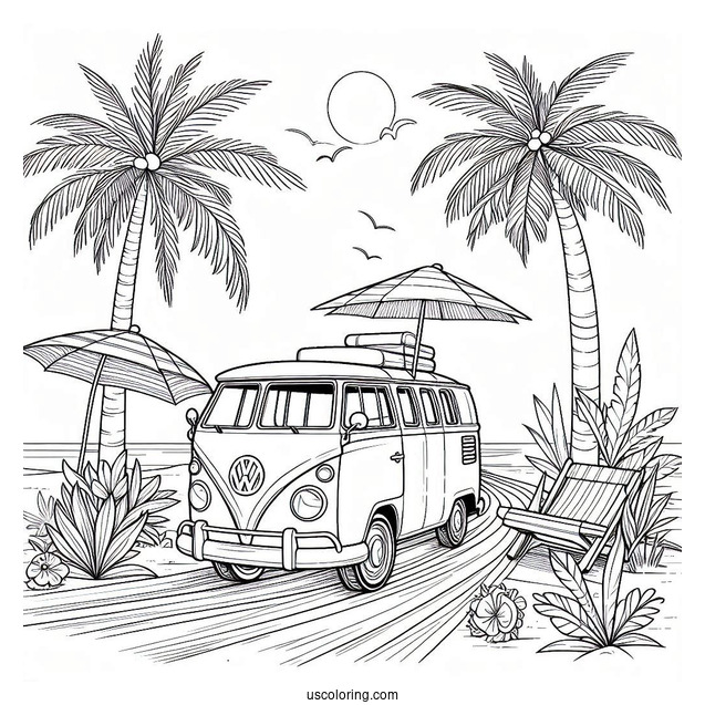 Volkswagen Van Next To A Palm Tree Summer Coloring Page