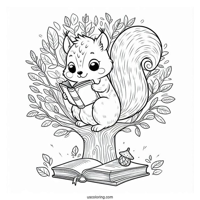 Cute Squirrel Coloring Page Reading Book On Top Of Tree