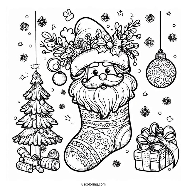 Merry Christmas Stocking With Santa Coloring Page